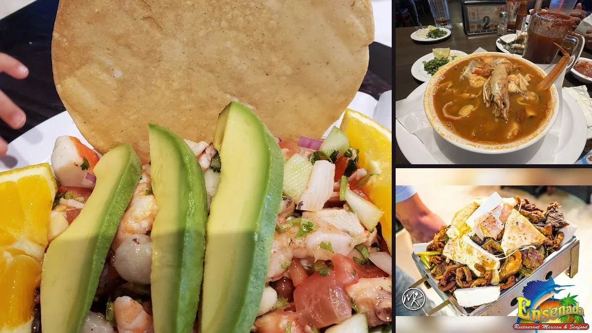 Seafood plates served with rice and garnishes.